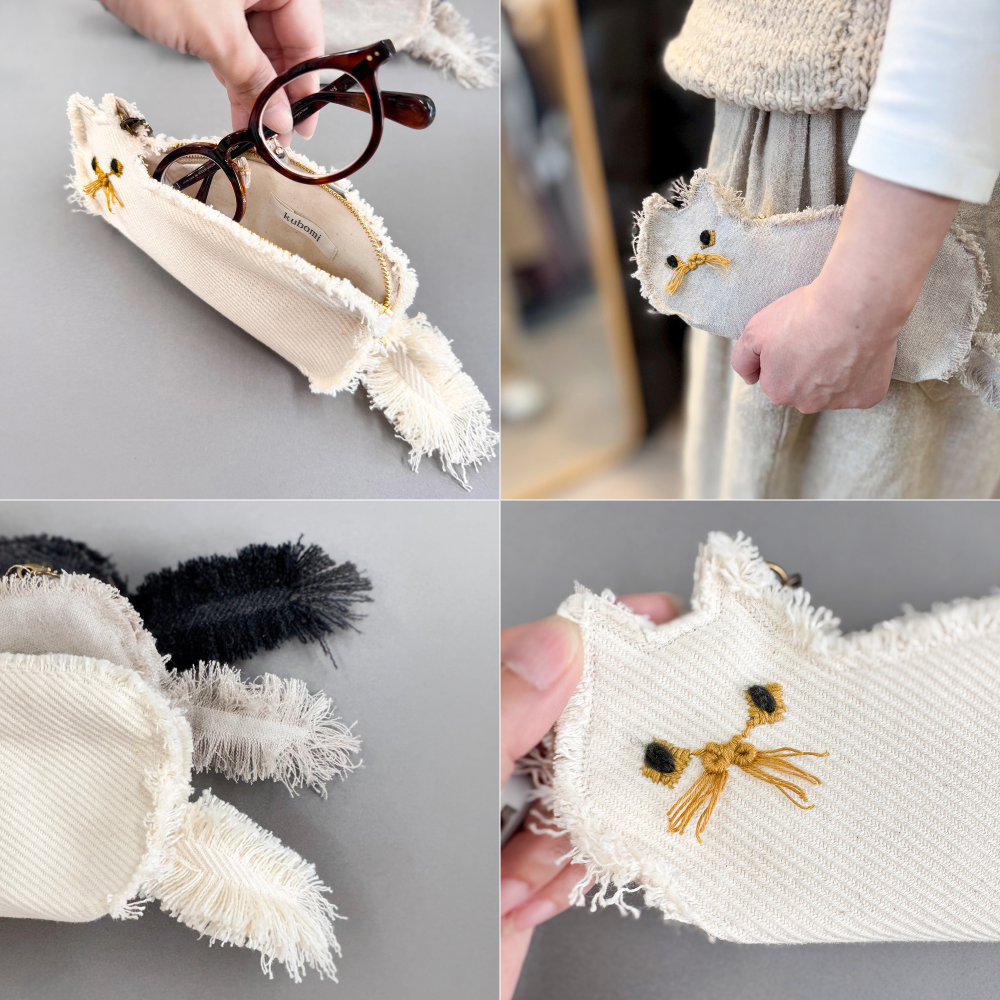 【 ねこ型ポーチ  】 メガネ&ペンケース　取手付き